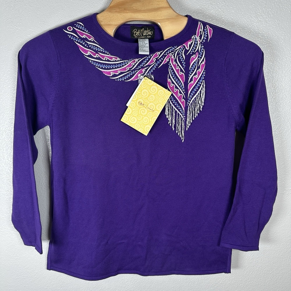 NEW Bob Mackie Wearable Art Sweater Top Womens Size Large Purple Beaded Western